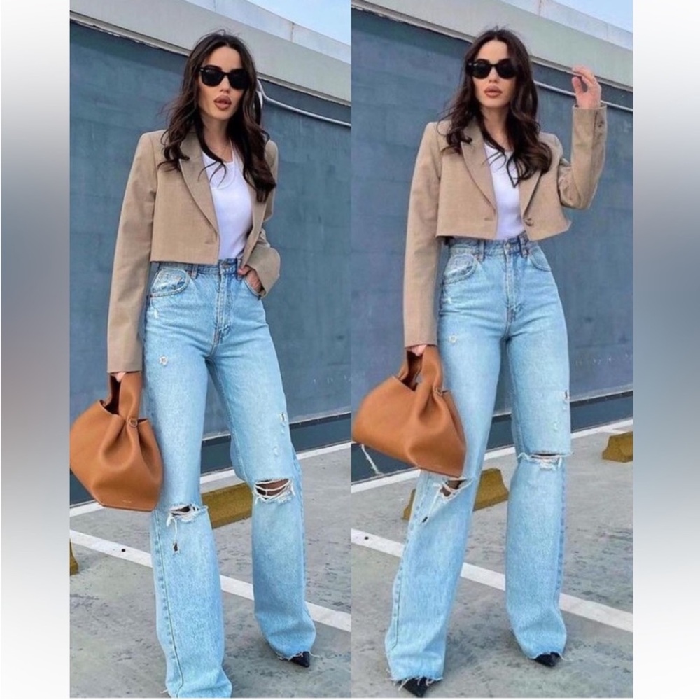 Zara High Rise Wide Leg Light Blue Distressed Jeans